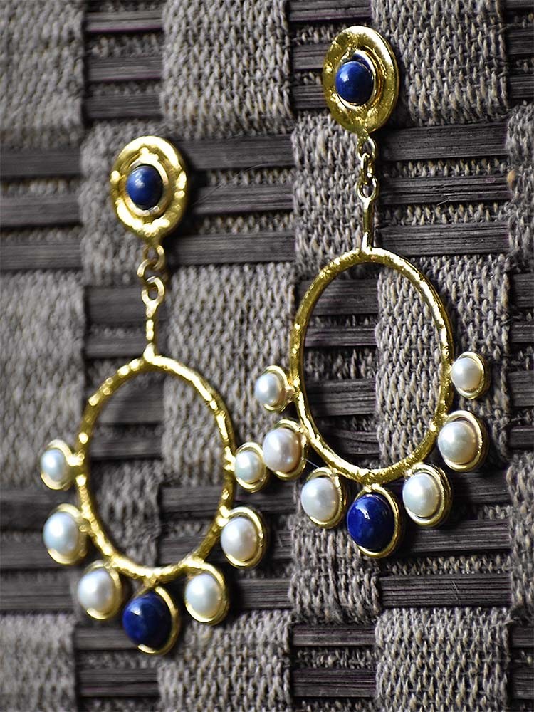 Lapis Pearl Golden Semi Precious Handmade Jewellery Earrings