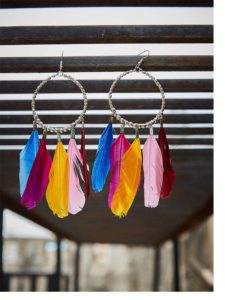 Colorful Pigeon Feathers Western Earrings With Beaded Bali