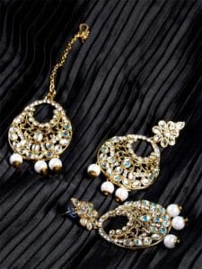 Kundan Embellished with Hanging White Pearls Golden Earrings