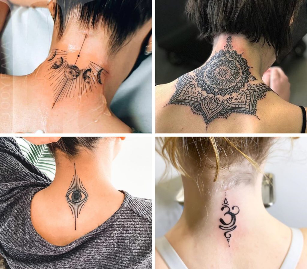 A collage of 4 fascinating back neck tattoos for woman
