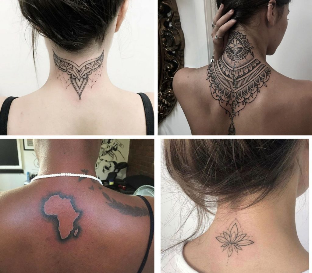 A collage of 4 fascinating back neck tattoos for woman