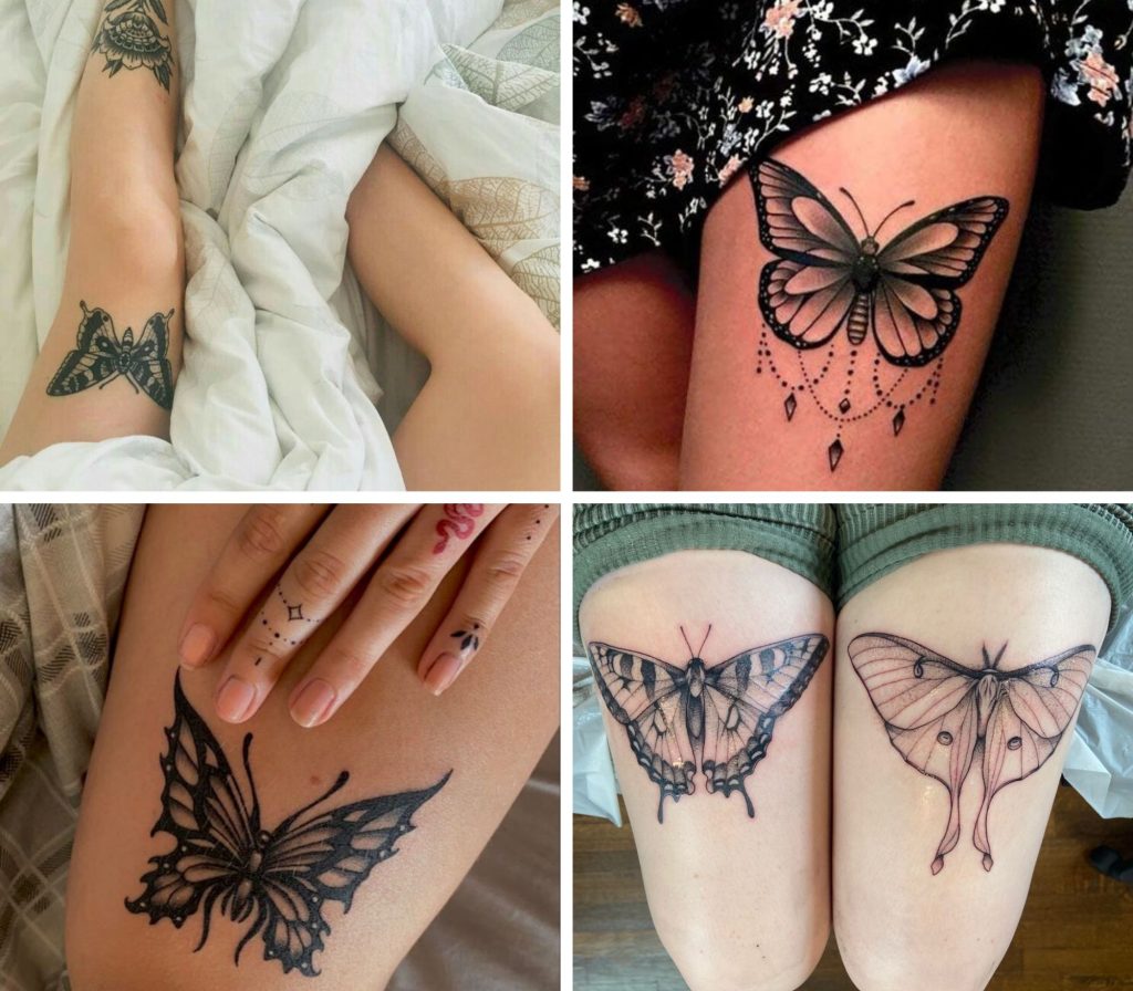 A collage of 4 incredible butterfly thigh tattoos for women