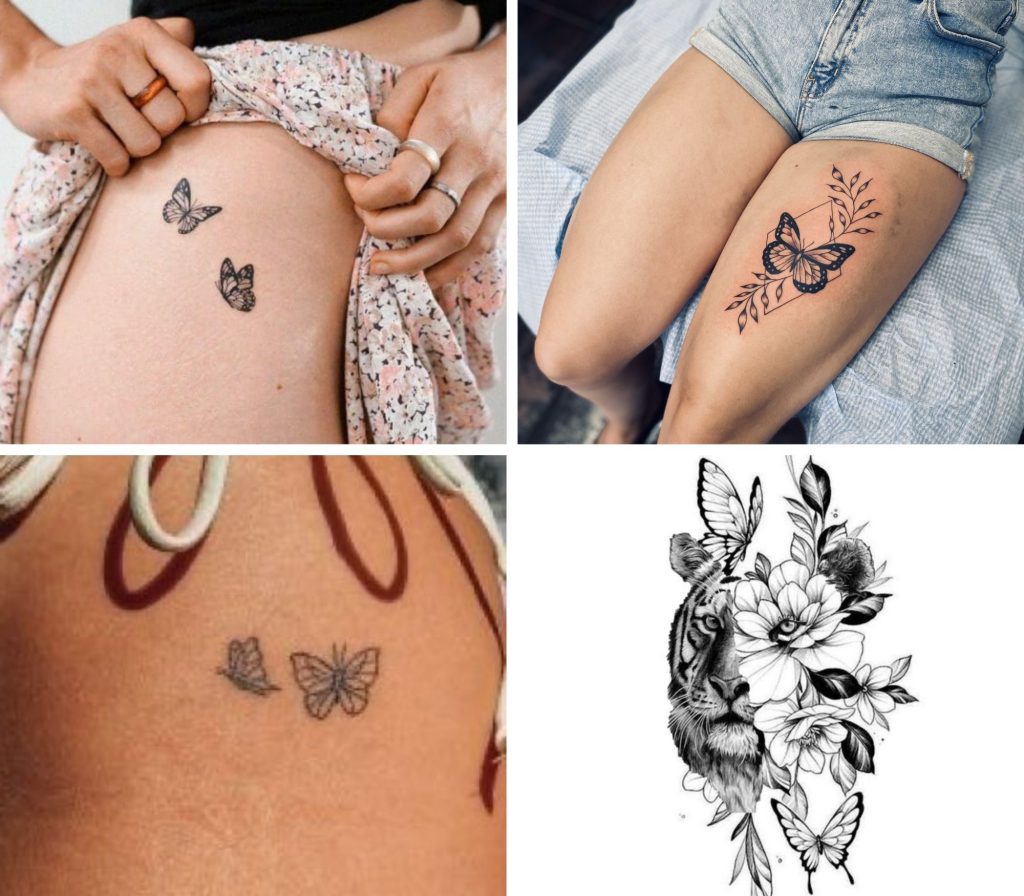 A collage of 4 incredible butterfly thigh tattoos for women