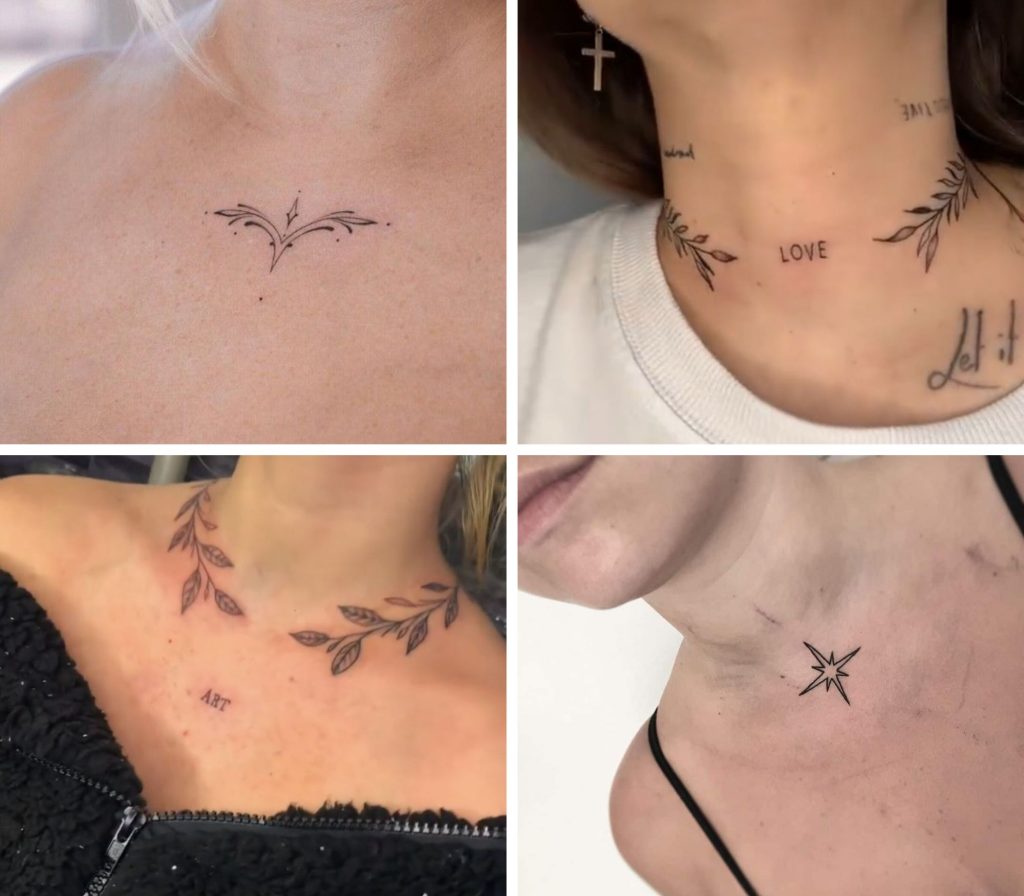 A collage of 4 fascinating front neck tattoos for woman