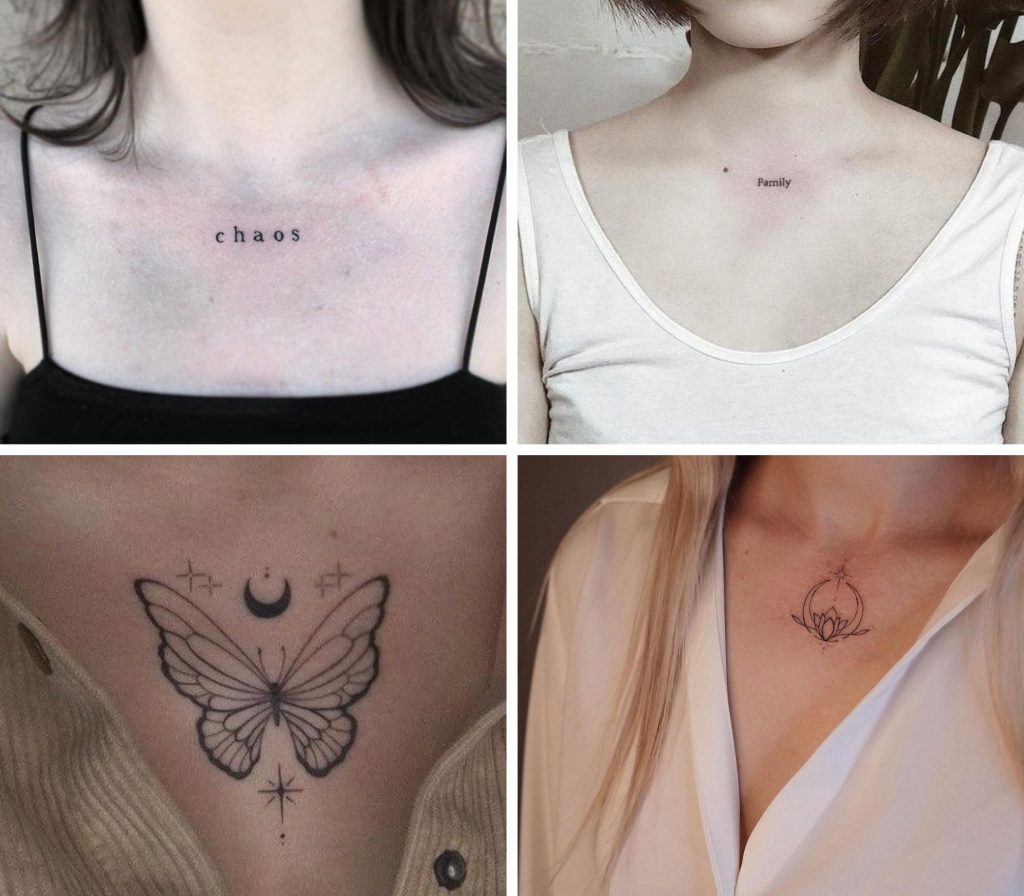 A collage of 4 fascinating front neck tattoos for woman