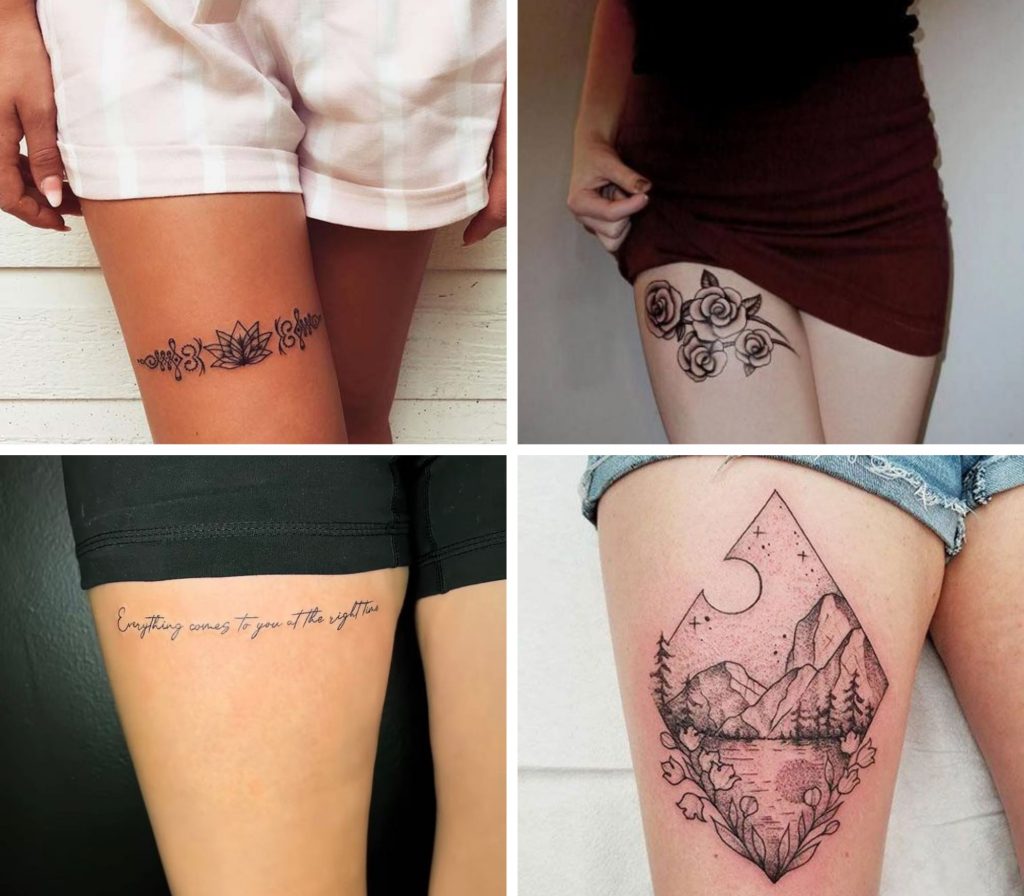 A collage of 4 incredible front thigh tattoos for women