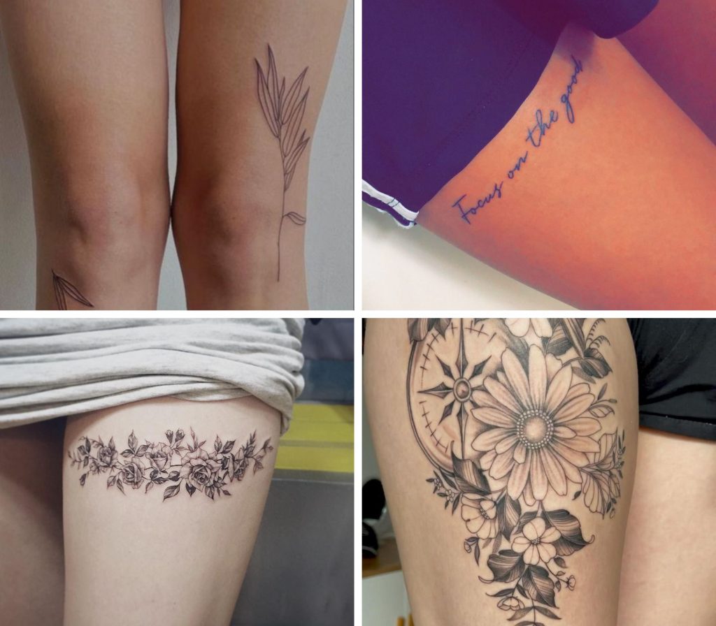 A collage of 4 incredible front thigh tattoos for women