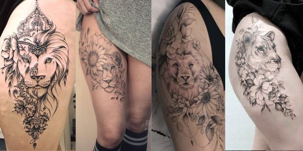 A collage of 4 incredible queen Lion thigh tattoos for women