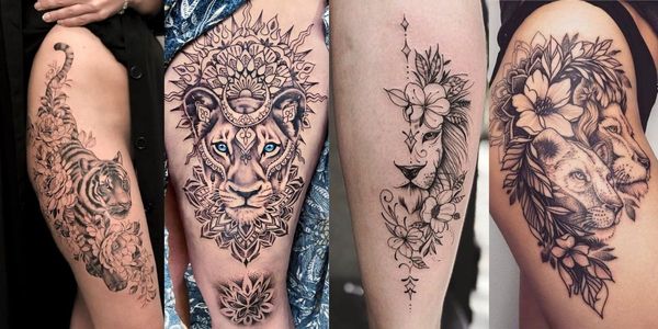 A collage of 4 incredible queen Lion thigh tattoos for women