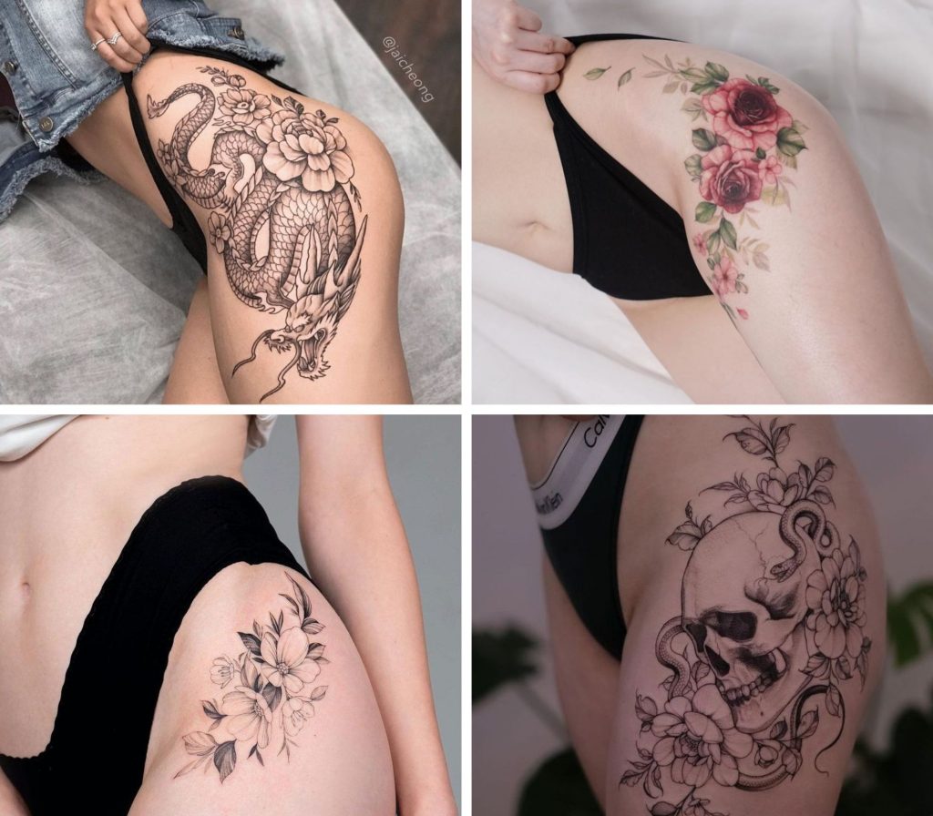 A collage of 4 incredible sexy thigh tattoos for women