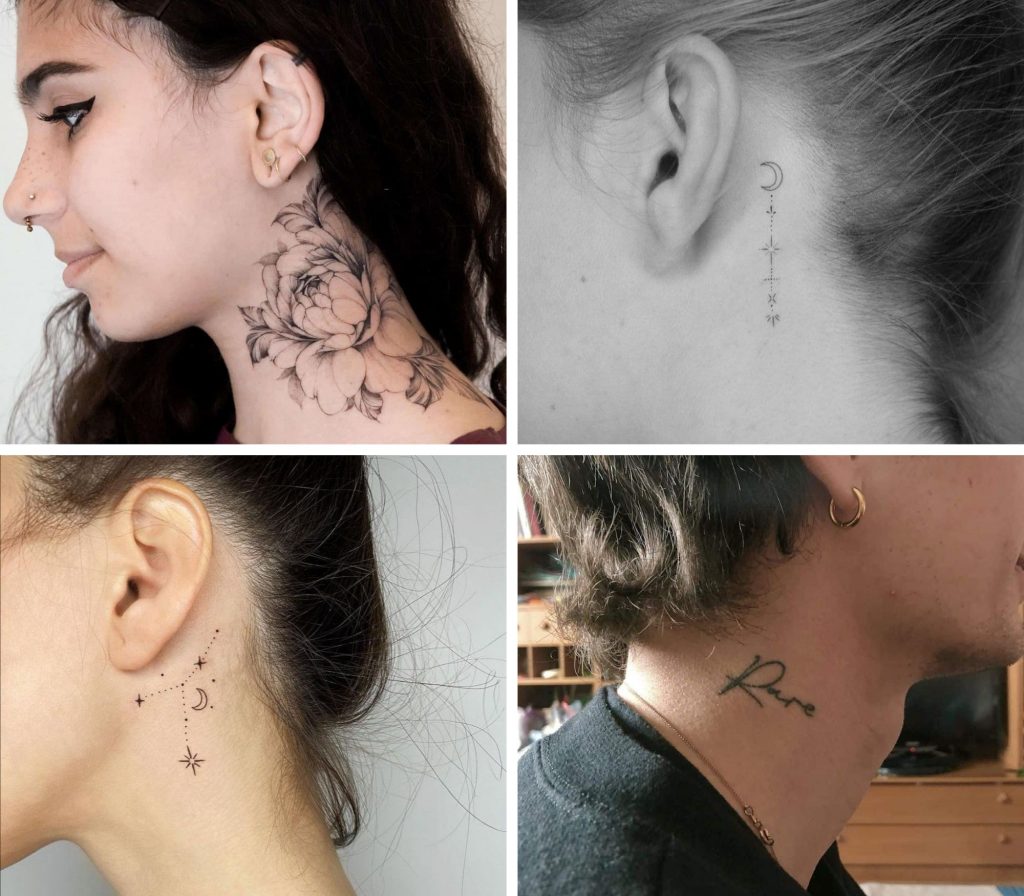 A collage of 4 fascinating side of neck tattoos for woman