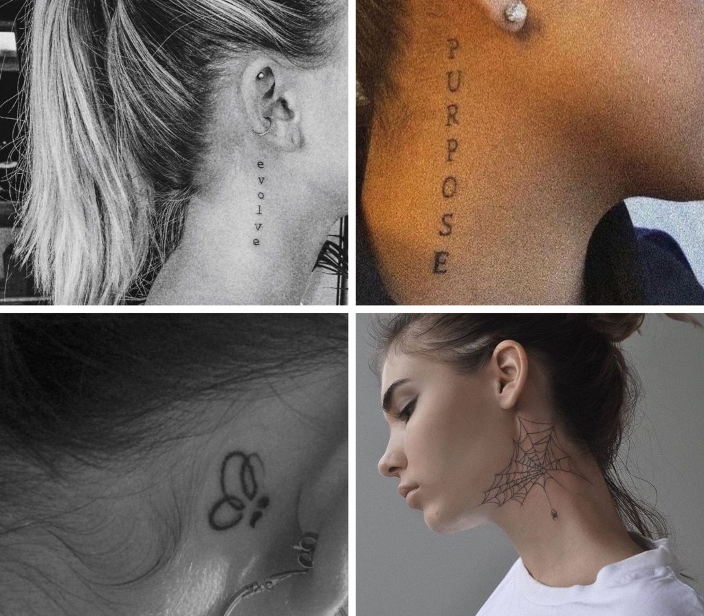 A collage of 4 fascinating side of neck tattoos for woman
