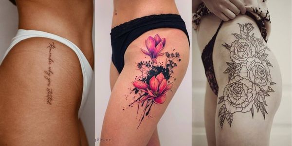 A collage of 3 incredible side thigh tattoos for women