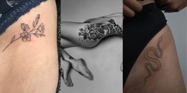 A collage of 3 incredible side thigh tattoos for women
