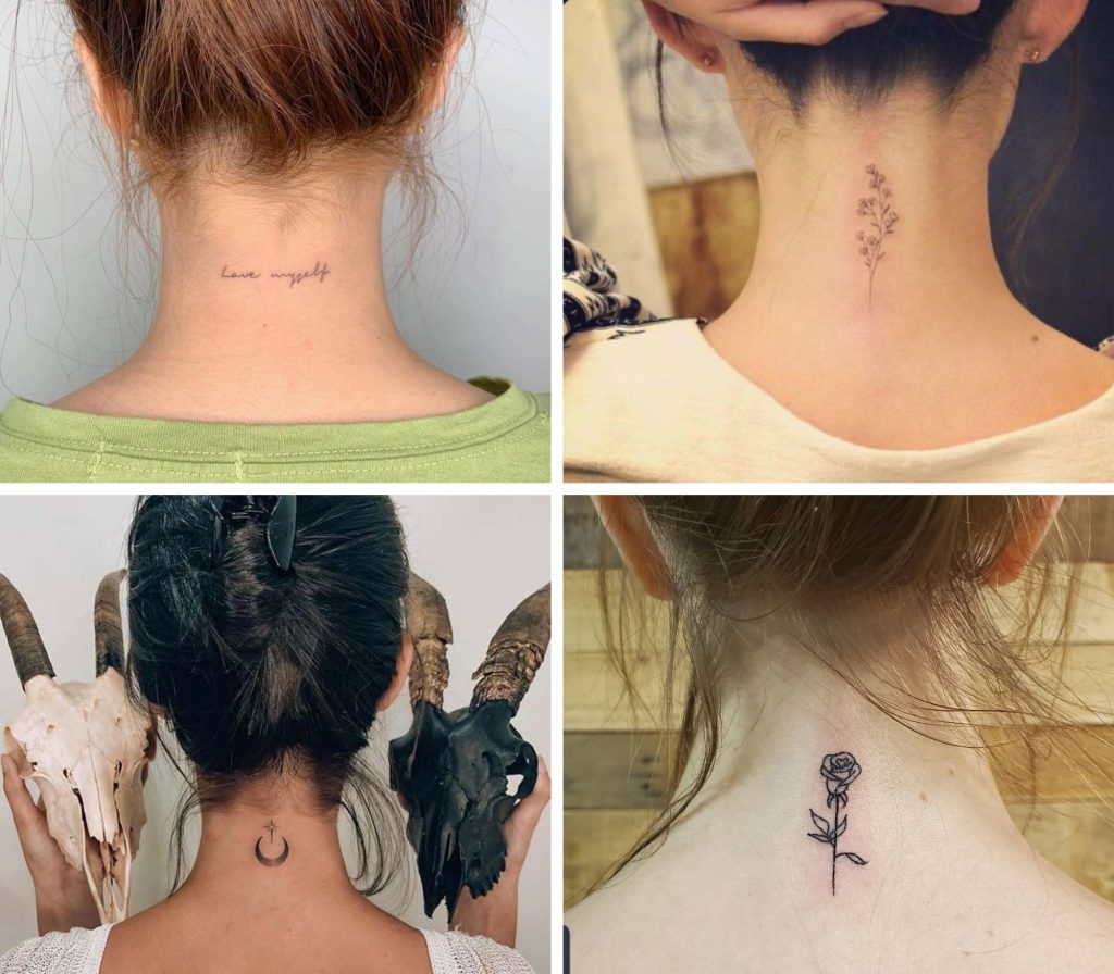 A collage of 4 fascinating small neck tattoos for woman