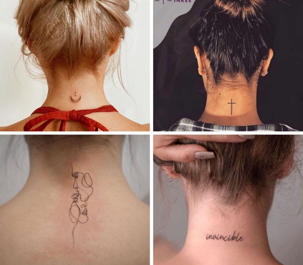 A collage of 4 fascinating small neck tattoos for woman