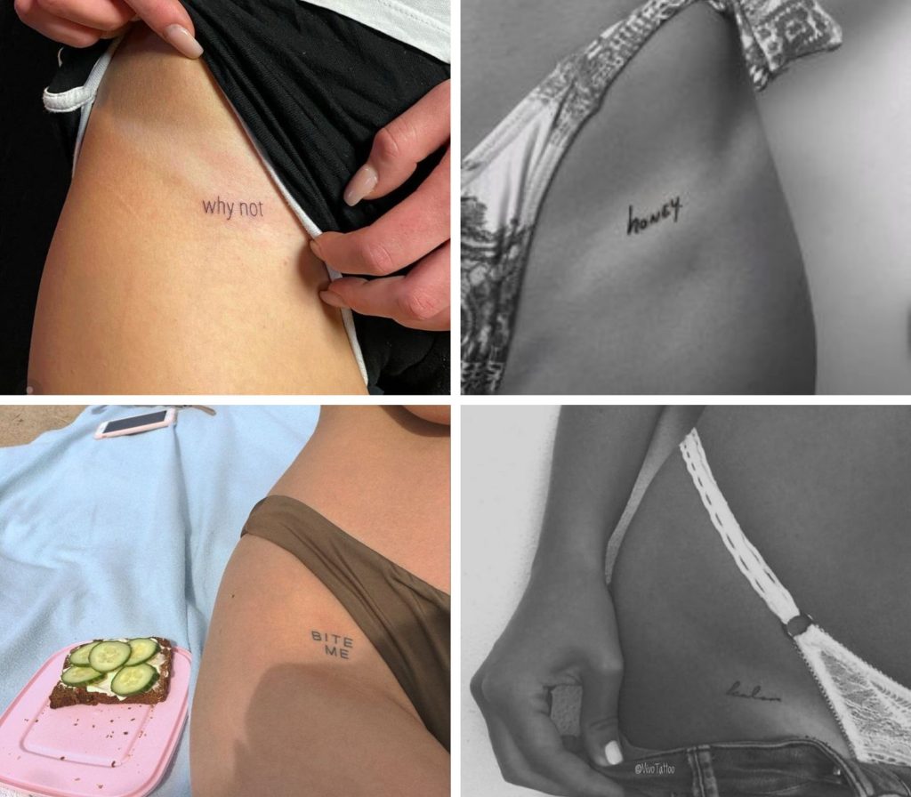A collage of 4 incredible small upper thigh tattoos for women