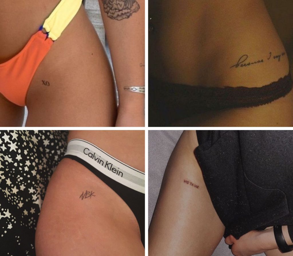 A collage of 4 incredible small upper thigh tattoos for women