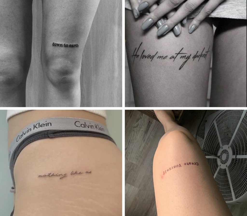 A collage of 4 incredible quotes thigh tattoos for women
