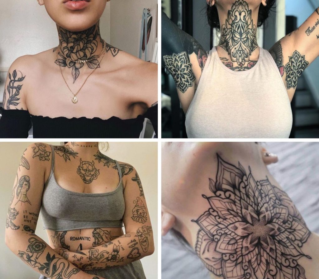 A collage of 4 fascinating whole neck tattoos for woman