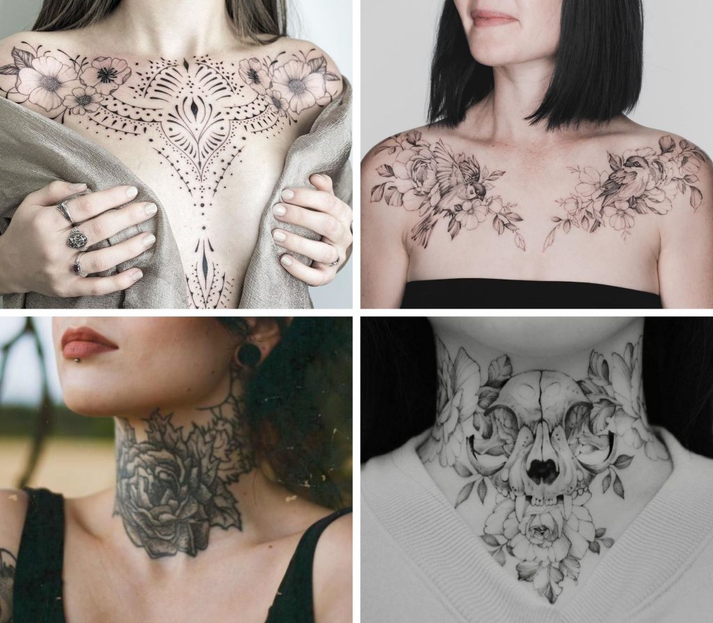 A collage of 4 fascinating whole neck tattoos for woman