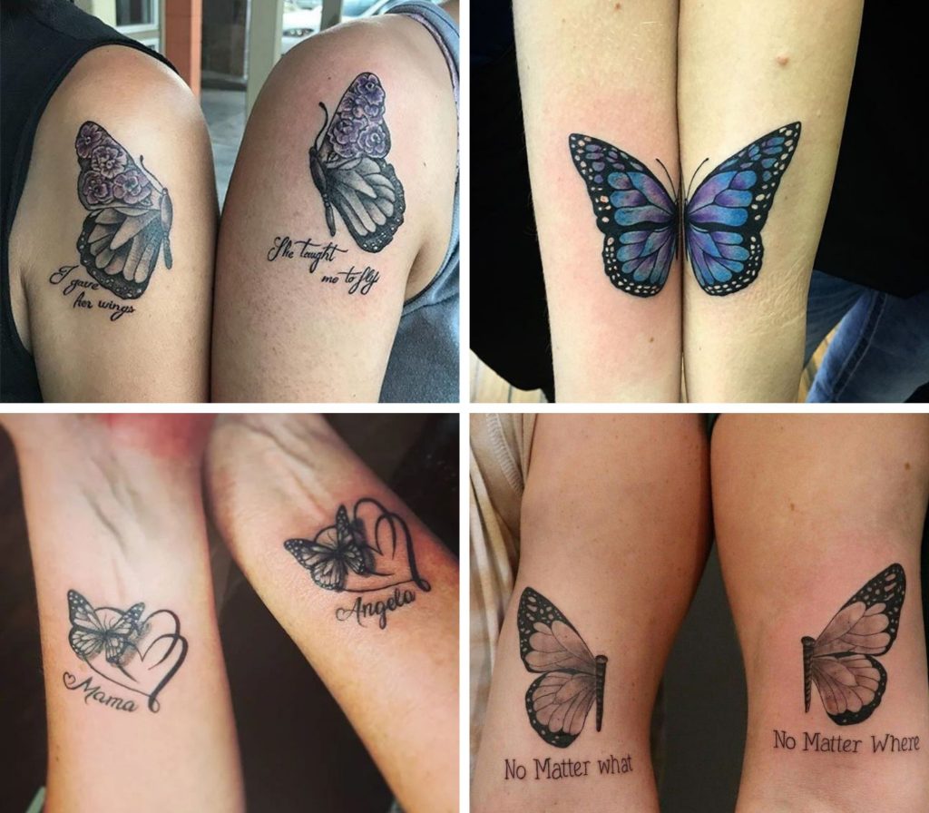 A collage of 4 butterfly mother daughter tattoos- ZeroKaata Studio