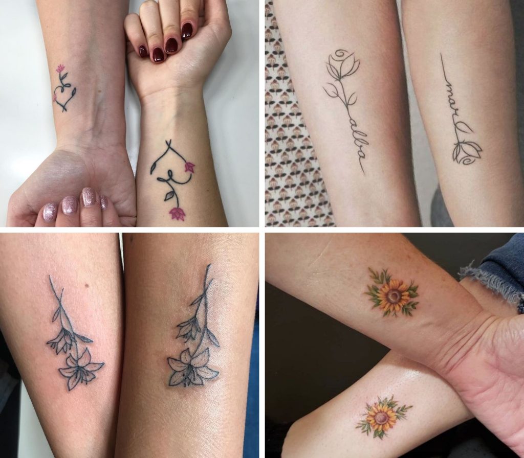 A collage of 4 flower mother daughter tattoos- ZeroKaata Studio