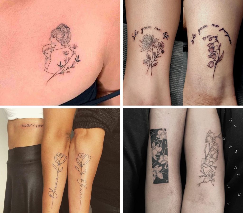 A collage of 4 flower mother daughter tattoos- ZeroKaata Studio