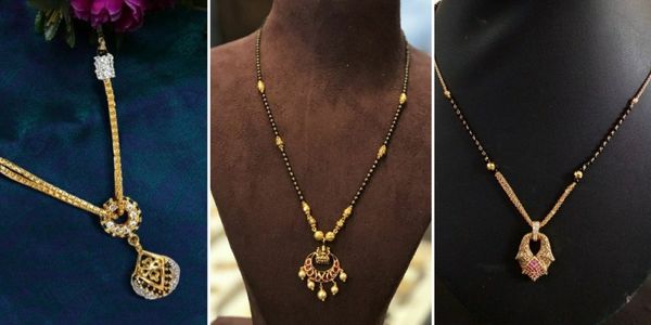 A collage of 3 Gold mangalsutra designs 