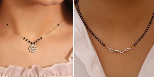 A collage of 2 short mangalsutra designs 
