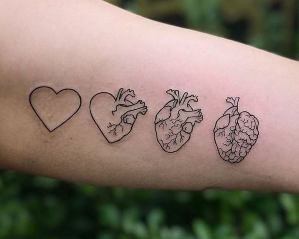 A tattoo with 4 different phases of heart anatomical designs as an inspiration for heart for tattoo designs for you