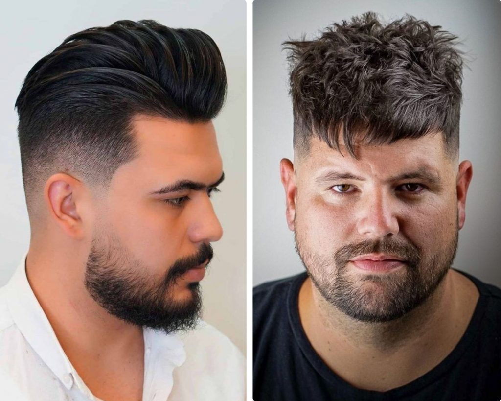 A collage of 2 men's hairstyle for round face with beard