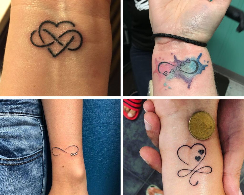 a collage of 4 Infinity With Heart Tattoos designs as an inspiration for heart for tattoo designs for you