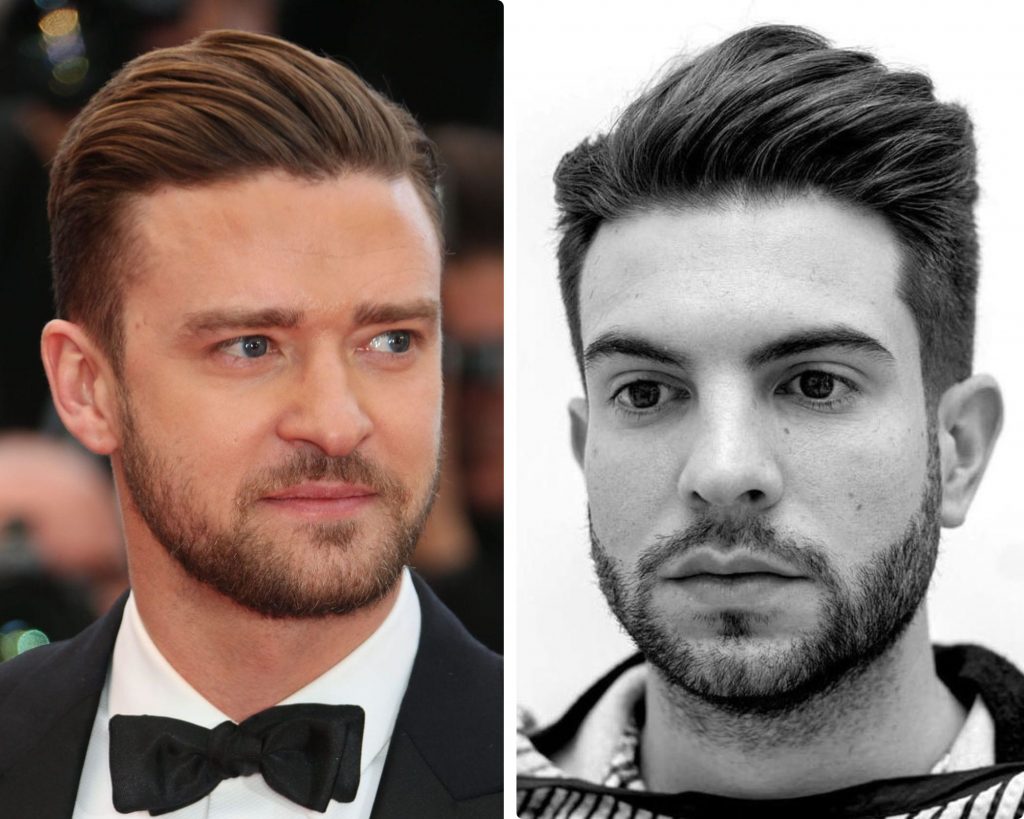 A collage of 2 men's hairstyle for round face with beard