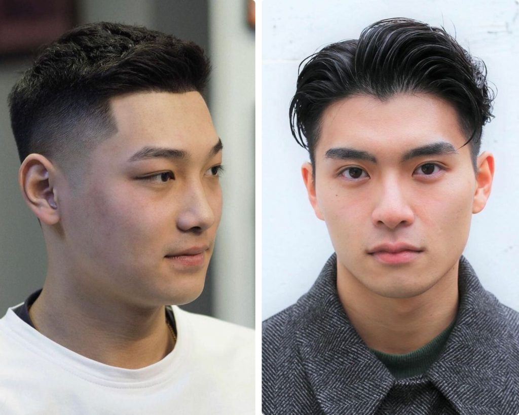 A collage of 2 men's hairstyle for round face for Asian men