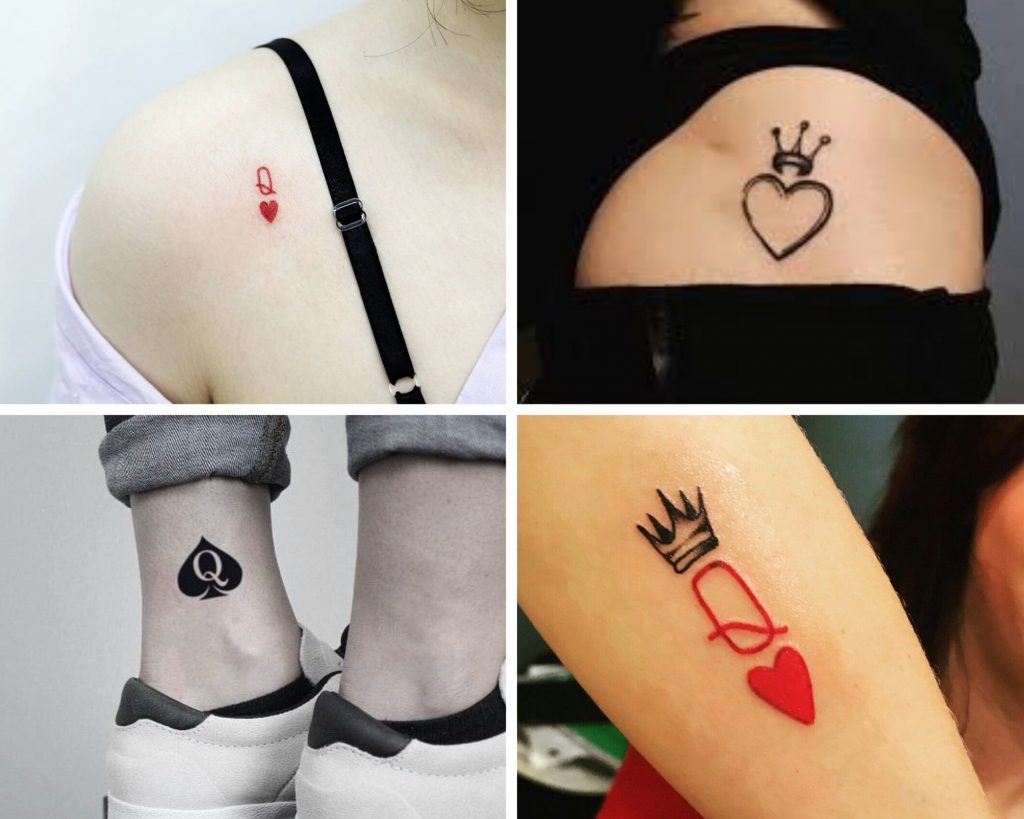 a collage of 4 Queen of hearts tattoo designs as an inspiration for heart for tattoo designs for you